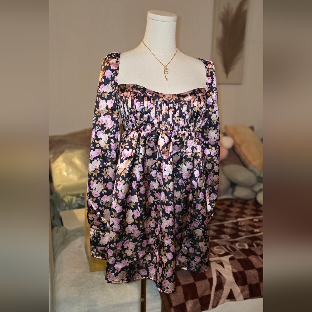 For Love & Lemons Black Floral Mini Dress with Pink and Cream Blossoms